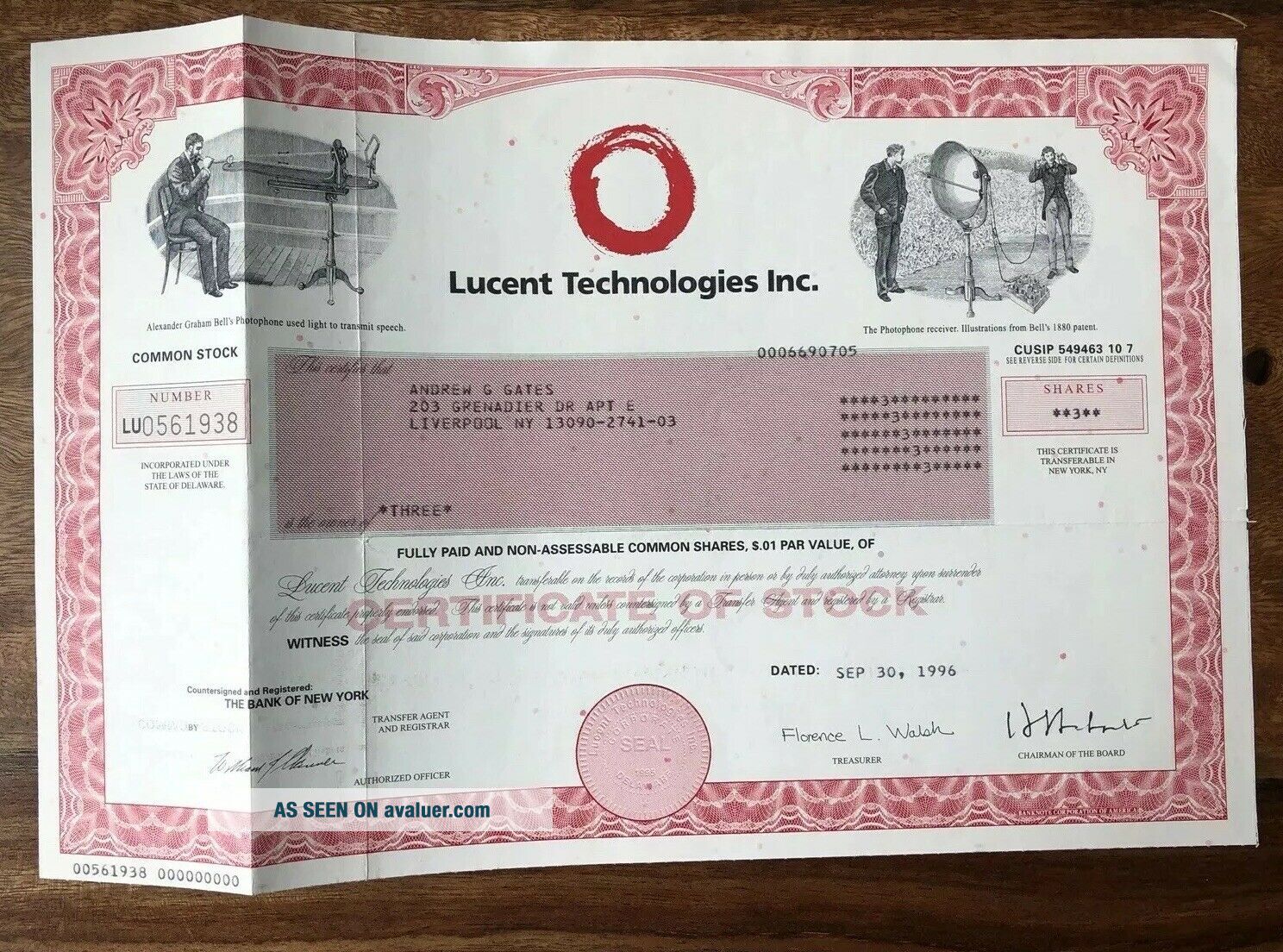 Lucent Technologies Former AT&T, Bell Labs Stock Certificate Circa 1996 ...
