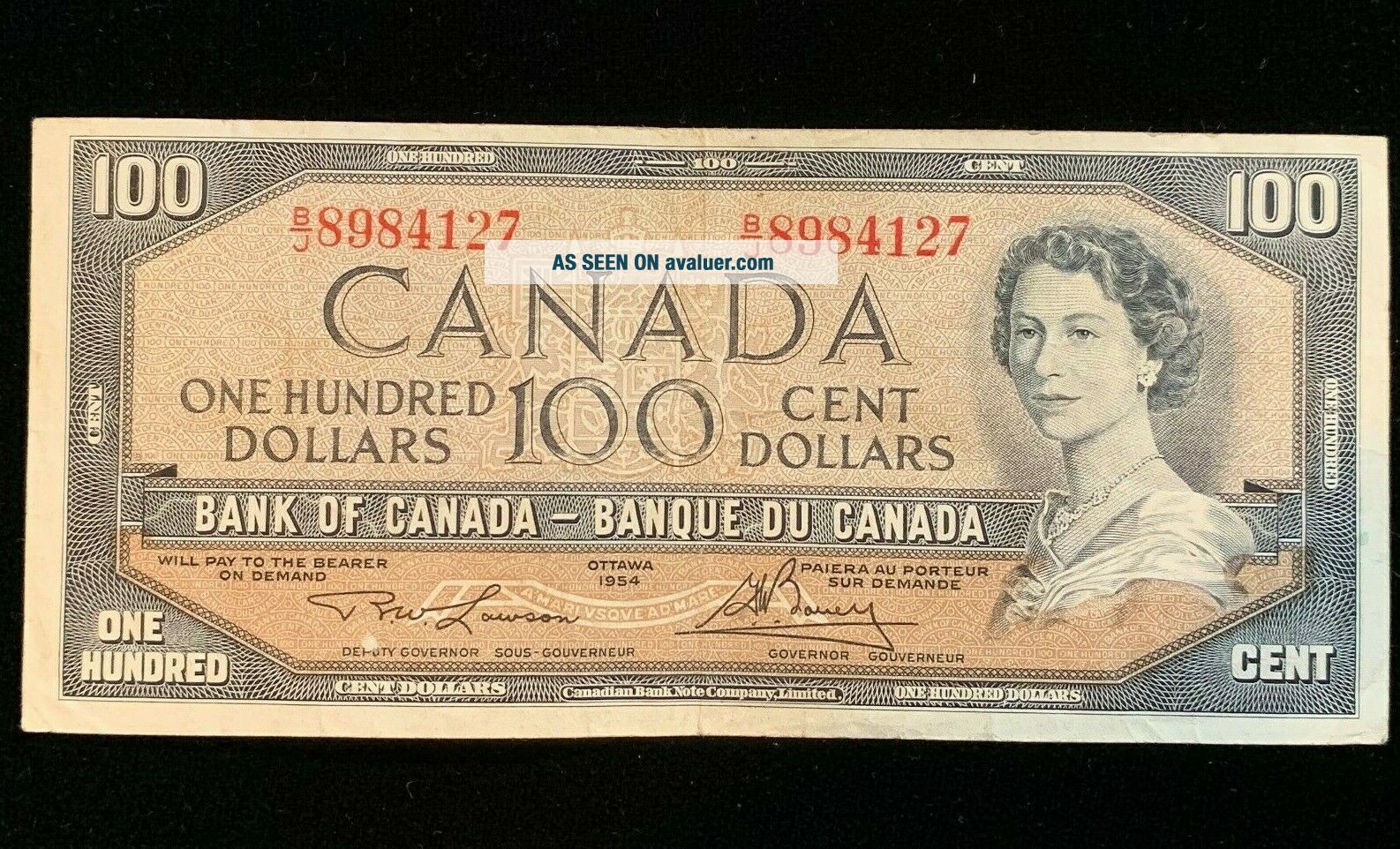 1954 Canadian $100 Dollar Bill - Lawson/Bouey - BC - 43c - B/J (BB 1199 ...
