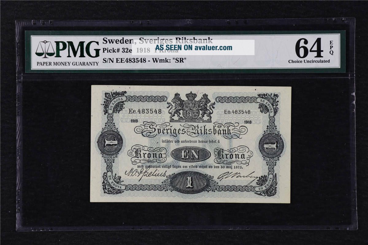 1918 Sweden Sveriges Riksbank 1 Krona Pick 32e PMG 64 EPQ Choice UNC 1918-sweden-sveriges-riksbank-1-krona-pick-32e-pmg-64-epq-choice-unc