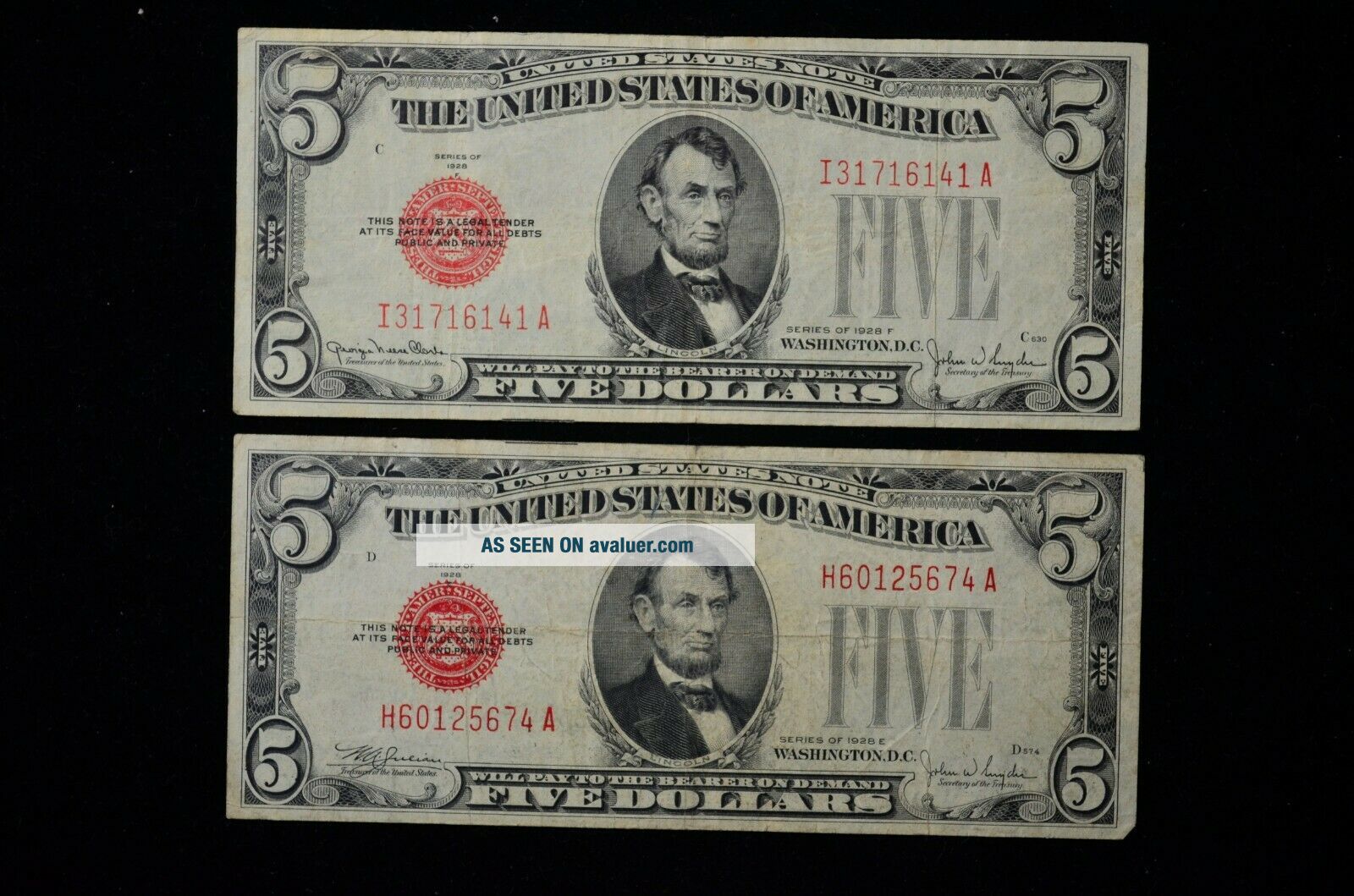 Red Note Money Series 1928 E And 1928 F Red Seal $5 United States Note | #10248494