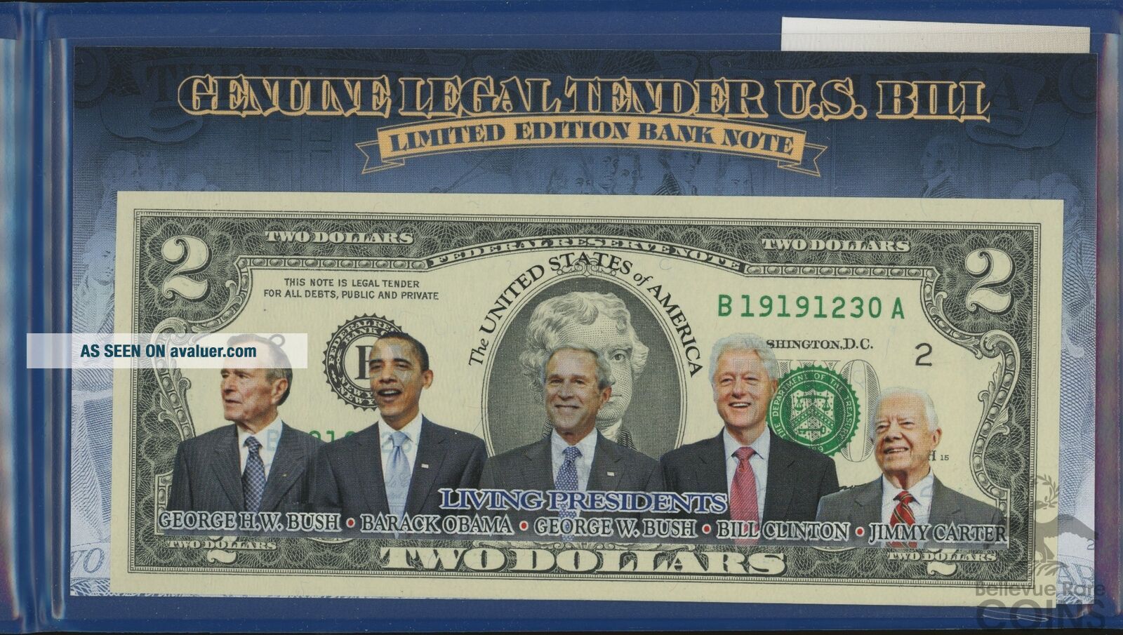 2003 A $2 US Note Colorized With Living Presidents In Holder | #10364461