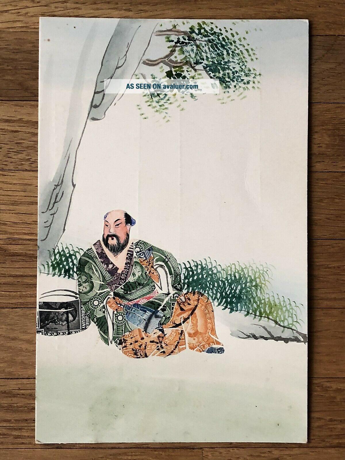 CHINA OLD POSTCARD HAND PAINTED STAMPS PAINTING CHINESE MAN UNDER THE TREE