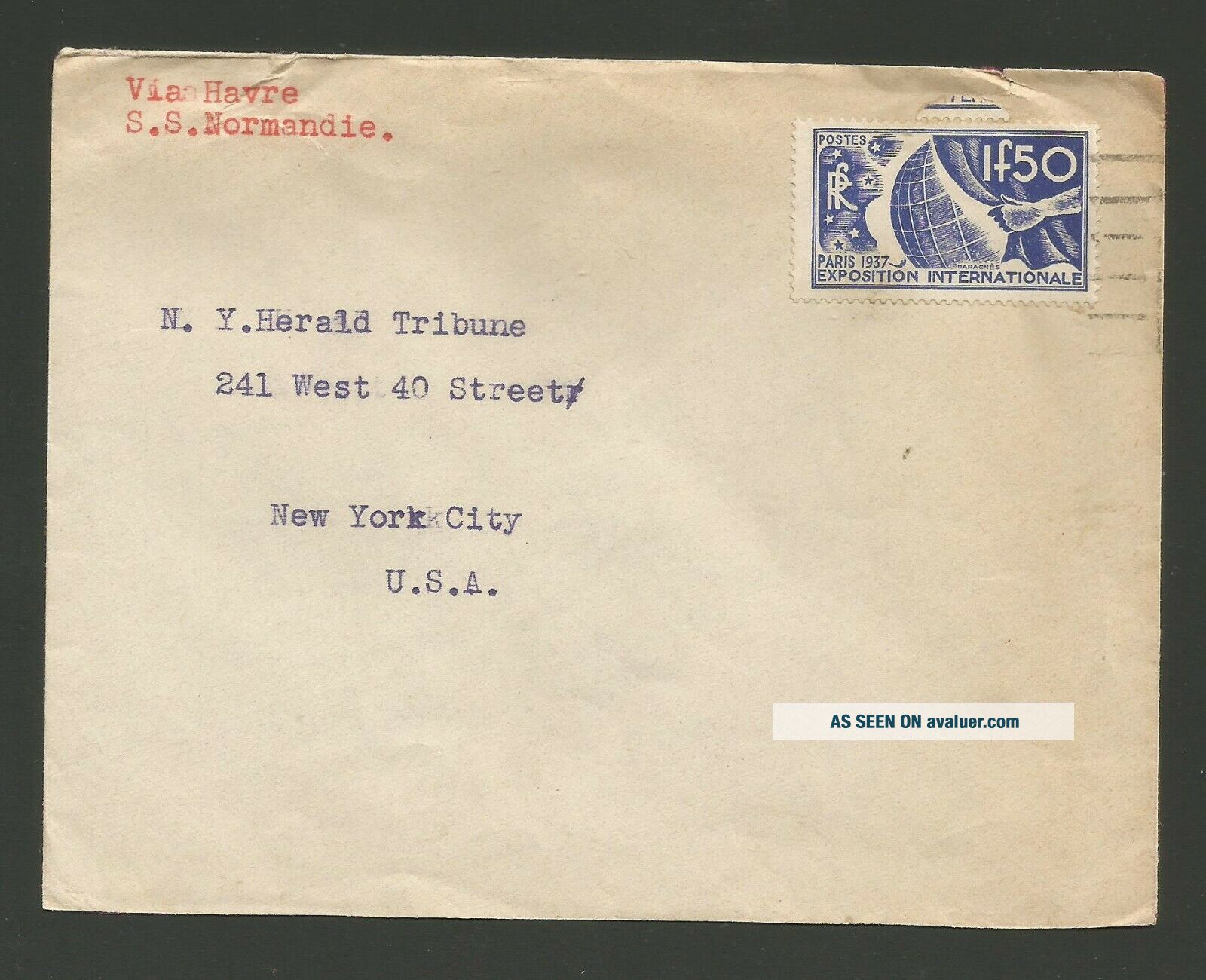 FRANCE 1937 COVER TO YORK VIA S/S NORMANDIE FROM LE HAVRE